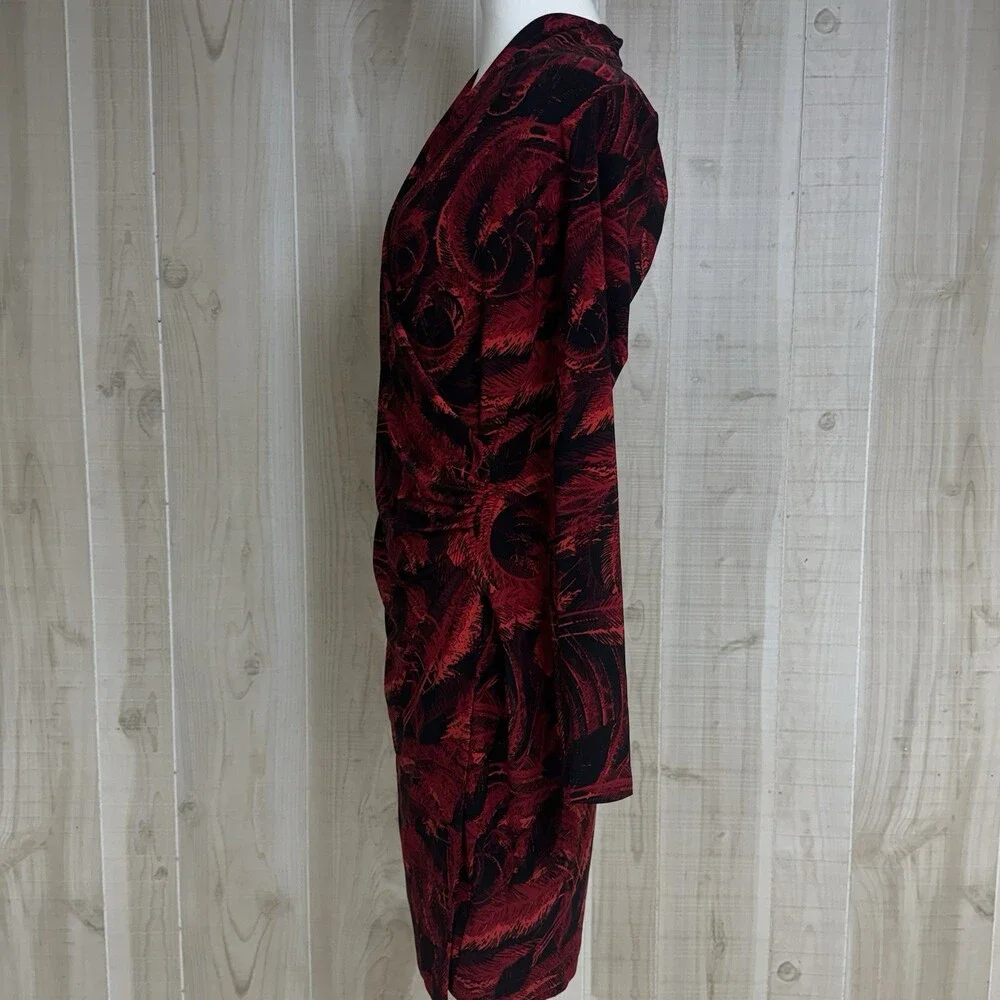 Norma Kamali Red Black Faux Wrap Dress Stretch Bodycon Long Sleeve Chic Bold Art - Picture 4 of 10